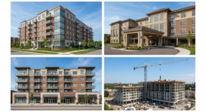 Four distinct photos combined into one file, showcasing examples of rental apartments, senior retirement homes, mixed-use commercial and residential buildings, and a new condo development under construction.