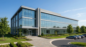 Owner-Occupied Office Buildings. A pristine, modern low-rise professional office building with clean glass architecture and manicured landscaping.
