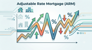 An infographic titled "Adjustable Rate Mortgages (ARM)" showing a colorful line graph that fluctuates up and down, with integrated percentage signs, upward arrows, downward arrows, and icons of houses and buildings to symbolize changing prime interest rates over time.