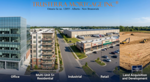 Custom commercial property collage showing Office, Multi-Unit 5+ Residential, Industrial, Retail, and Land Acquisition for Trusterra Mortgage.