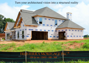 A modern custom home design nearing completion representing residential construction financing in Ontario, Alberta, and New Brunswick