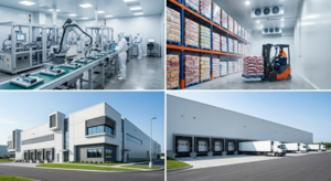 A composite photograph featuring a 2x2 grid of four distinct images illustrating industrial properties: (Top Left) The clean interior of a specialized manufacturing clean room with robotic assembly; (Top Right) The interior of a large cold storage warehouse with pallet racks of frozen goods and cooling units; (Bottom Left) The exterior of a modern specialized manufacturing plant; (Bottom Right) The exterior of a large cold storage distribution center with multiple loading docks for refrigerated trucks. There are no company logos or names on the buildings.