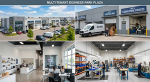 Composite image of four photos illustrating a multi-tenant business park. Top-left: Exterior wide view of the industrial plaza with buildings, parking, and trucks. Top-right: Active loading docks with a delivery van and workers handling packages. Bottom-left: Interior of a modern open-plan office. Bottom-right: Workers in a machine shop floor operating fabrication equipment.