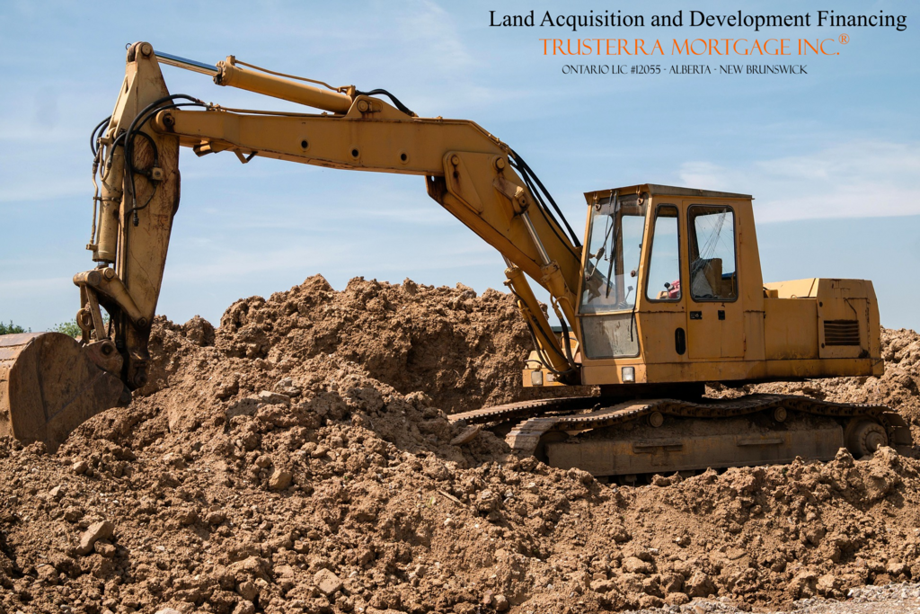 Construction vehicle excavator digging land preparing for development.
