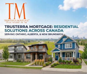 A seamless, panoramic photograph displaying three distinct Canadian residential home styles integrated into a single, cohesive residential streetscape under a bright, sunny Canadian sky. From left to right: a classic red-brick Georgian style (representing Ontario); a stone and timber Mountain-Modern craftsman (representing Alberta); and a vibrant ocean-blue Coastal Craftsman (representing New Brunswick). The homes are linked by a common sidewalk and tidy landscaping, with a subtle text overlay at the top left reading "TRUSTERRA RESIDENTIAL SOLUTIONS" in brand colors.