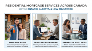 An infographic detailing "RESIDENTIAL MORTGAGE SERVICES ACROSS CANADA" for Ontario, Alberta, and New Brunswick. It features three panels: 'HOME PURCHASES' with a couple holding a key; 'MORTGAGE REFINANCING' with two men and a Canada map; and 'VARIABLE vs. FIXED RATES' with people at a desk near a rate chart and a 'TRUSTERRA MORTGAGE' tablet. Each panel includes a brief service description.