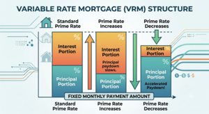 An infographic titled "VARIABLE RATE MORTGAGE (VRM) STRUCTURE" illustrating how a fixed monthly payment's allocation between interest and principal shifts with prime rate changes. The diagram uses three vertical bars to show that when the prime rate increases, the interest portion grows and principal paydown slows; conversely, when the prime rate decreases, the interest portion shrinks, resulting in accelerated principal paydown.