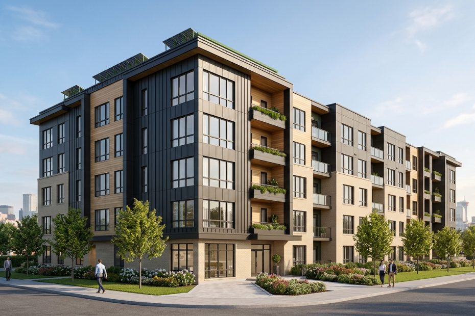 Modern multi-unit residential building eligible for CMHC MLI Select financing in Canada.